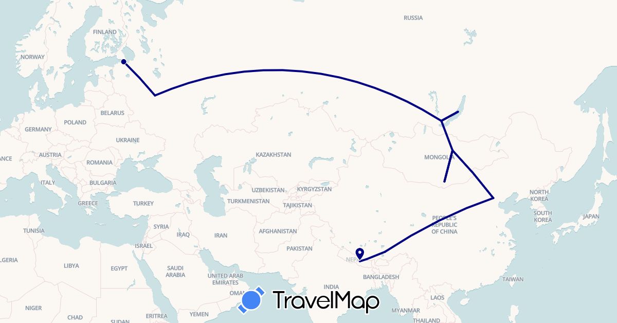 TravelMap itinerary: driving in China, Mongolia, Nepal, Russia (Asia, Europe)